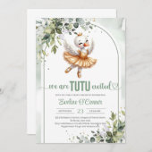 トレンディーの小さな白鳥と金ゴールドツチュドドレス緑 招待状 (正面/裏面)