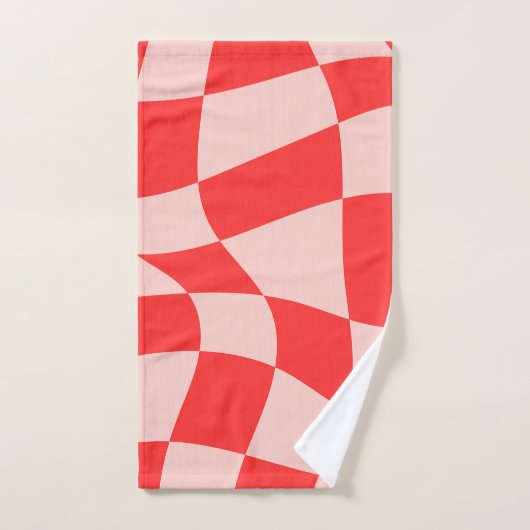 トレンディーの波型チェッカーボードピンク赤かわいいパターン バスタオルセット (ハンドタオル)