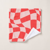 トレンディーの波型チェッカーボードピンク赤かわいいパターン バスタオルセット (ウォッシュタオル)