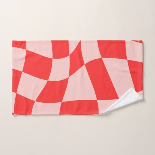 トレンディーの波型チェッカーボードピンク赤かわいいパターン バスタオルセット (ハンドタオル)
