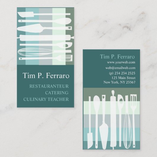トレンディーの淡い色のなティール(緑がかった色)の青い料理用のベーカリーの調理師のシェフ 名刺 (正面/裏面)