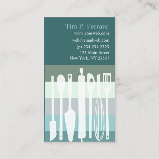 トレンディーの淡い色のなティール(緑がかった色)の青い料理用のベーカリーの調理師のシェフ 名刺 (裏面)
