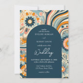 トレンディーの溝型の花ネイビーオレンジブルーアーチ 招待状 (正面)