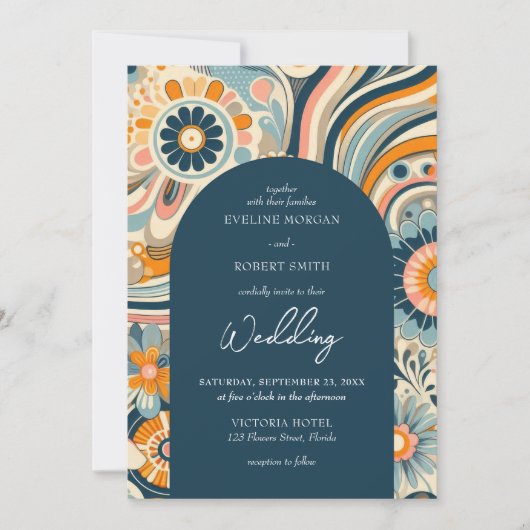 トレンディーの溝型の花ネイビーオレンジブルーアーチ 招待状 (正面)