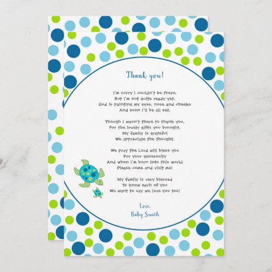 トレンディーの点のウミガメのベビーはノート感謝していしています + 詩 サンキューカード (正面/裏面)