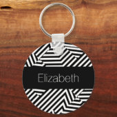 トレンディーの白黒のジオメトストライプリの名前 キーホルダー (正面)