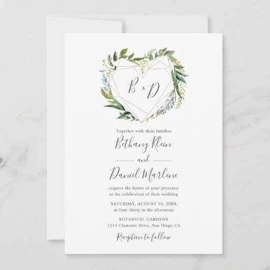 トレンディーの緑と幾何学的ハート結婚の 招待状 (正面)