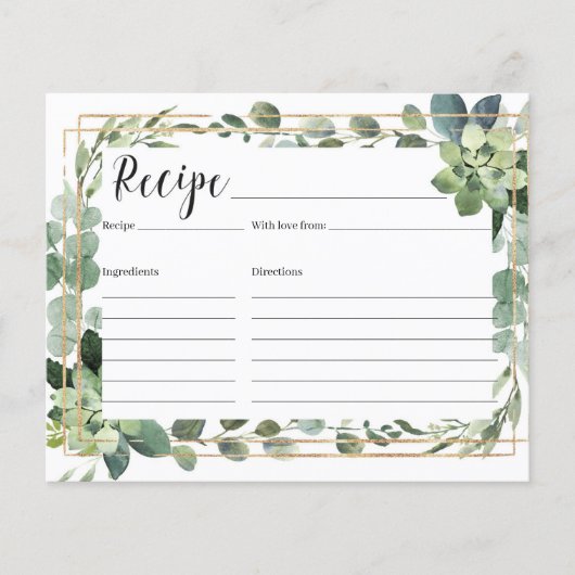 トレンディーの緑の多肉性の花金ゴールドレシピカード (正面)