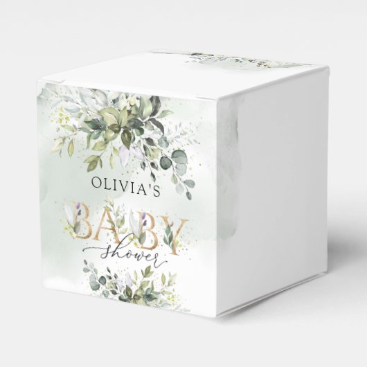トレンディーの緑の葉の金ゴールド文字の赤ちゃんシャワー フェイバーボックス (正面サイド)