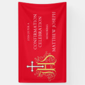 トレンディーの赤い白い金ゴールドのロゴの確認 横断幕 (縦)