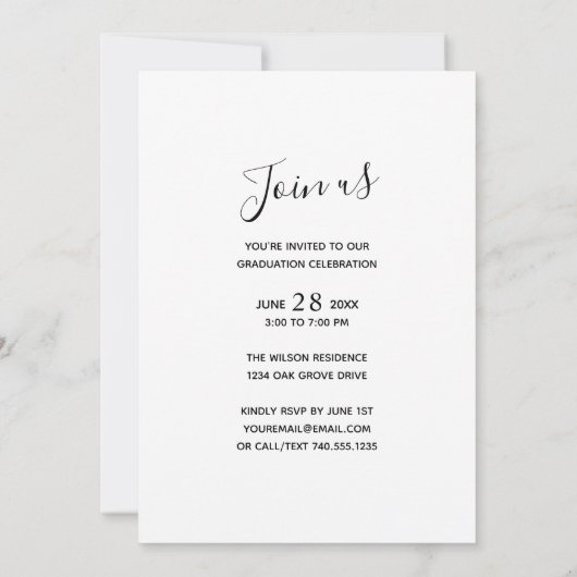 トレンディーはっきりしたタイポグラフィ写真卒業会 招待状 (裏面)