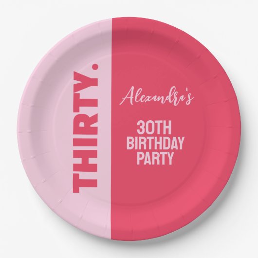 トレンディーはっきりしたピンクと赤ガーリー30歳の誕生日 ペーパープレート (正面)