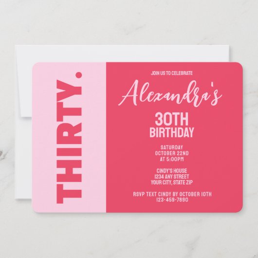 トレンディーはっきりしたピンクと赤ガーリー30歳の誕生日 招待状 (正面)
