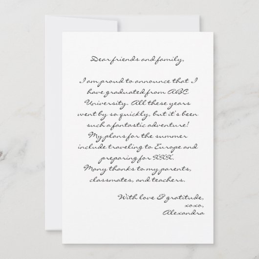 トレンディーはっきりしたブラックタイポグラフィ写真2023卒業 案内状 (裏面)