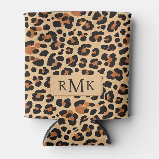トレンディーはっきりしたレオパードカスタムプリント3文字モノグラム 缶クーラー (正面)