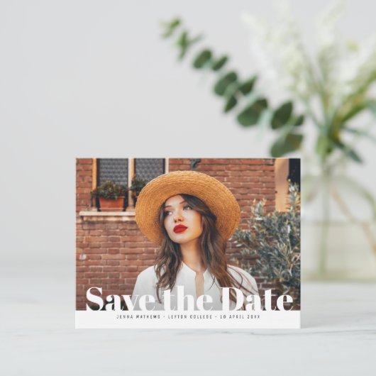 トレンディーはっきりした写真の卒業写真の保存日付 ポストカード (スタンド正面)