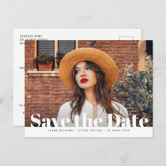 トレンディーはっきりした写真の卒業写真の保存日付 ポストカード (正面/裏面)