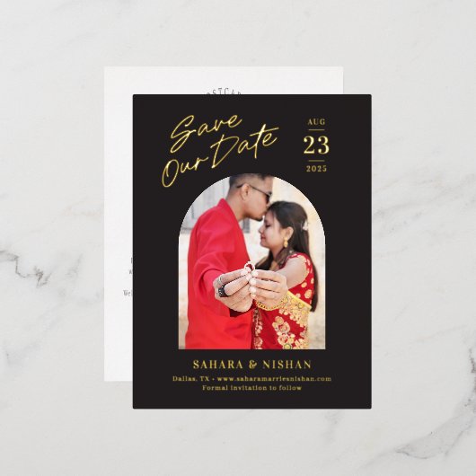 トレンディーアーチFOIL結婚式の日付はがきを保存 箔招待状ポストカード (正面/裏面)