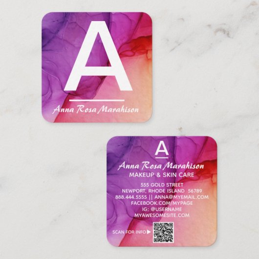 *～*トレンディーアートイニシャル抽象芸術QRロゴ写真 スクエア名刺 (正面/裏面)