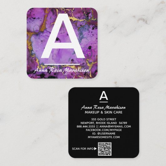 *~*トレンディーアートイニシャル金ゴールドQRロゴ写真 スクエア名刺 (正面/裏面)