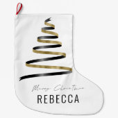 トレンディーアートツリー金ゴールドの黒い名メリー ラージクリスマスストッキング (正面)
