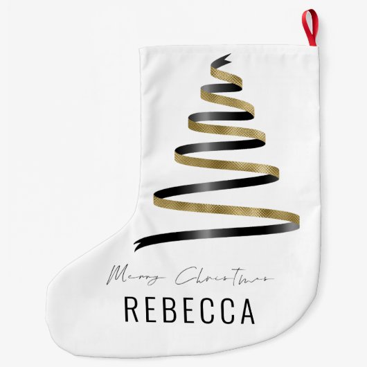 トレンディーアートツリー金ゴールドの黒い名メリー ラージクリスマスストッキング (裏面)