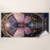 トレンディーアールデコ紫ピンク金ゴールド蝶 ビーチタオル (正面)