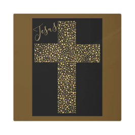 トレンディーイエズス金ゴールドクロスブラウンメタルアート メタルプリント