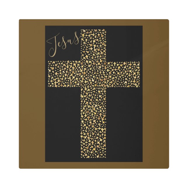 トレンディーイエズス金ゴールドクロスブラウンメタルアート メタルプリント (正面)