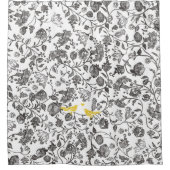 トレンディーイエローグレーと白フローラの鳥のパターン シャワーカーテン (正面)