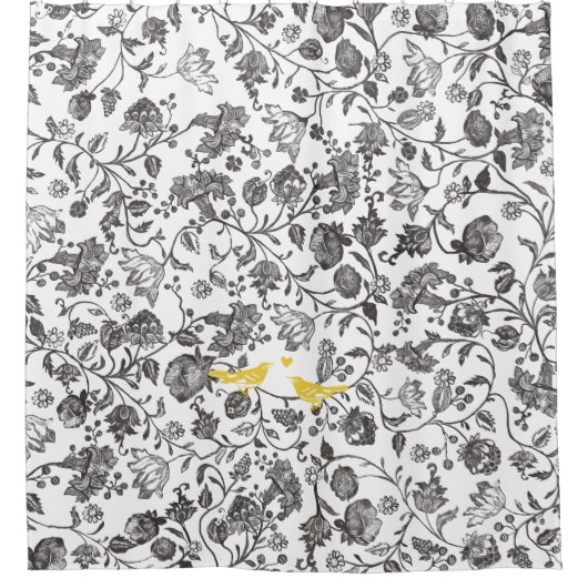 トレンディーイエローグレーと白フローラの鳥のパターン シャワーカーテン (正面)