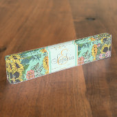 トレンディーイエローサンフラワーズアンドピンクローズデザイン デスクネームプレート (側面)