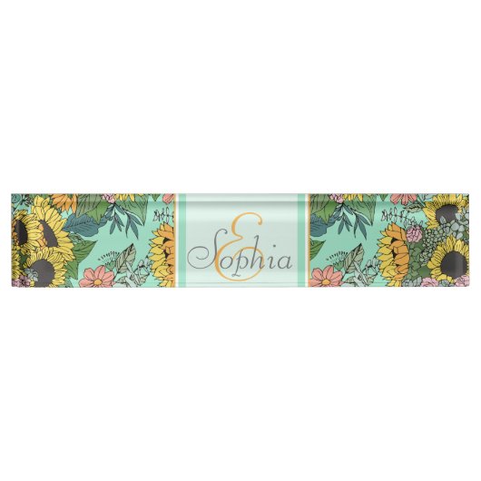 トレンディーイエローサンフラワーズアンドピンクローズデザイン デスクネームプレート (正面)