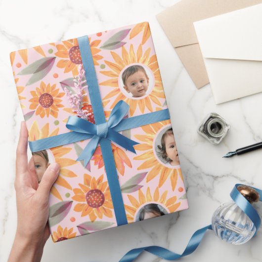 トレンディーイエローサンフラワーズ赤面ピンク3写真 ラッピングペーパー (ギフト)