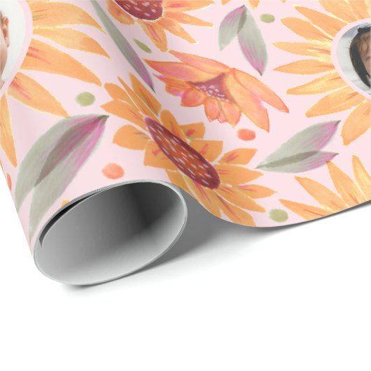 トレンディーイエローサンフラワーズ赤面ピンク3写真 ラッピングペーパー (ロールコーナー)