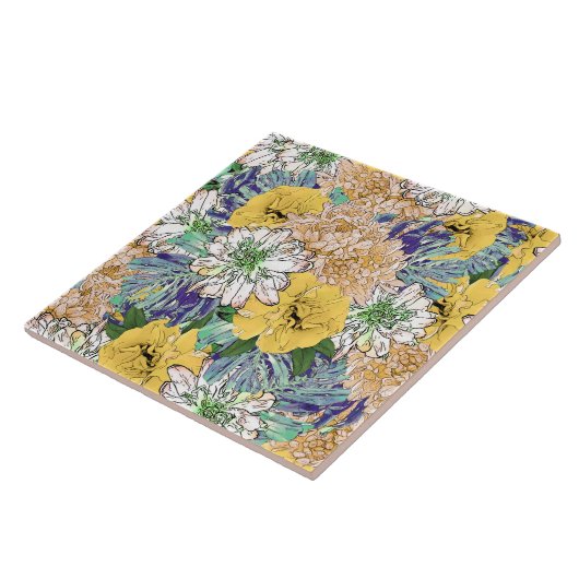 トレンディーイエロー&グリーンフローラガーリーイラストレーション タイル (側面)