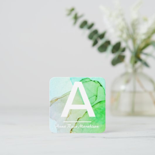 ~*トレンディーイニシャル抽象芸術QRロゴ写真アクア スクエア名刺 (スタンド正面)