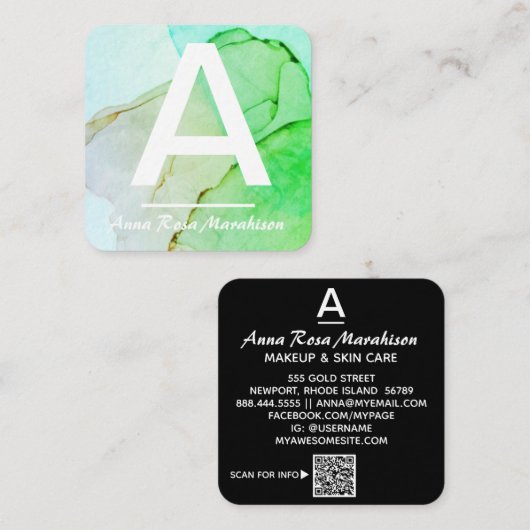 ~*トレンディーイニシャル抽象芸術QRロゴ写真アクア スクエア名刺 (正面/裏面)