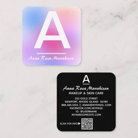 *～*トレンディーイニシャル抽象芸術QRロゴ紫 スクエア名刺 (正面/裏面)