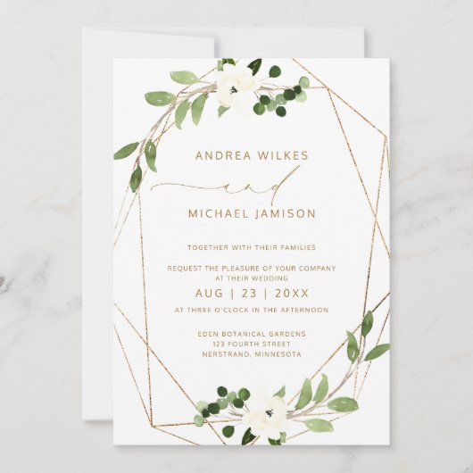 トレンディーウェディング招待幾何学的な緑のフェイク箔 招待状 (正面)