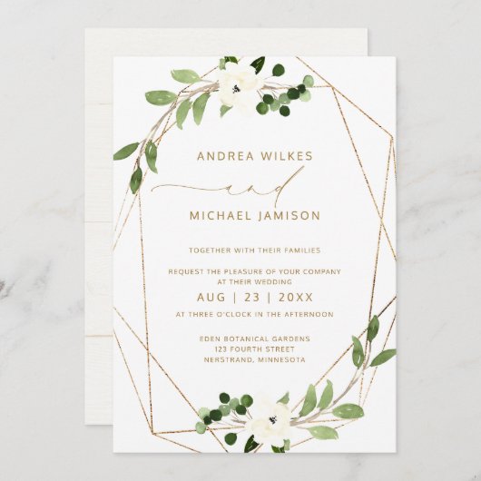 トレンディーウェディング招待幾何学的な緑のフェイク箔 招待状 (正面/裏面)