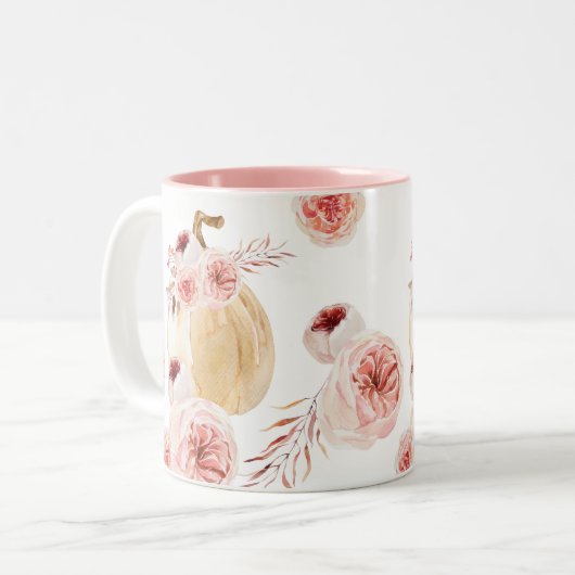 トレンディーウォーターカラーパンプキン&フラワーズ |秋の秋 ツートーンマグカップ (正面左)