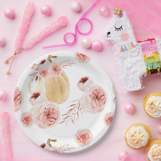 トレンディーウォーターカラーパンプキン&フラワーズ |秋の秋 ペーパープレート (パーティー)