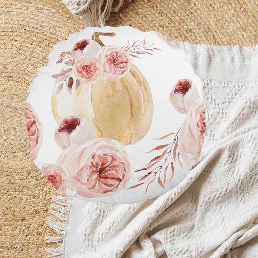 トレンディーウォーターカラーパンプキン&フラワーズ |秋の秋 ラウンドクッション