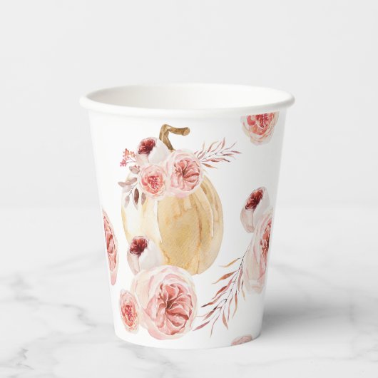 トレンディーウォーターカラーパンプキン&フラワーズ |秋の秋 紙コップ (正面)