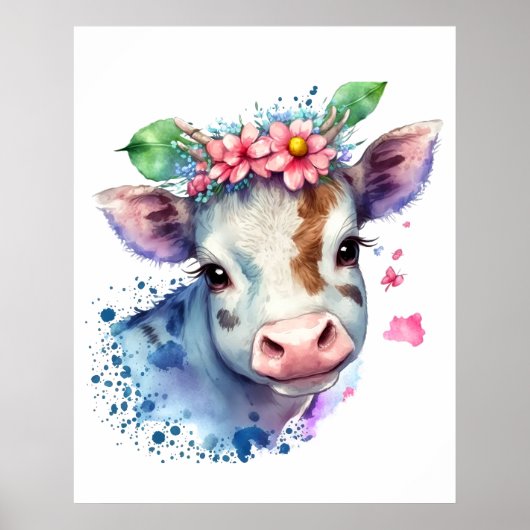 トレンディーウォーターカラーファームカウアンドワイルドフラワー子供部屋 ポスター (正面)