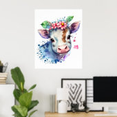 トレンディーウォーターカラーファームカウアンドワイルドフラワー子供部屋 ポスター (ホームオフィス)