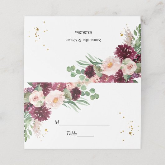 トレンディーウォーターカラーブルゴーニュ赤面ピンクフローラ  プレイスカード (外部開封)