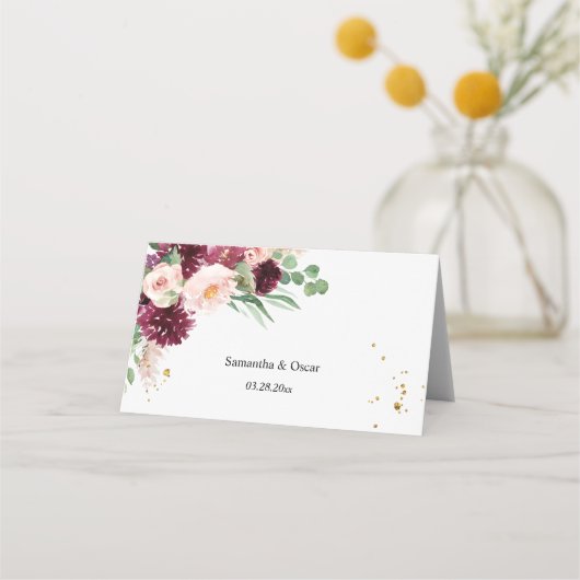 トレンディーウォーターカラーブルゴーニュ赤面ピンクフローラ  プレイスカード (裏面)