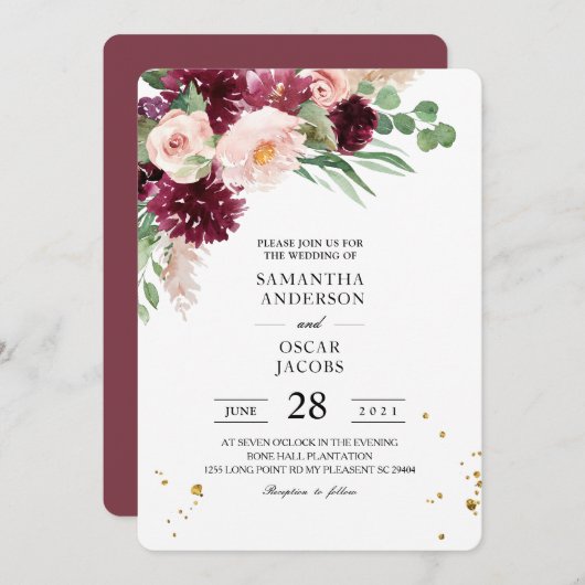 トレンディーウォーターカラーブルゴーニュ赤面ピンクフローラ  招待状 (正面/裏面)